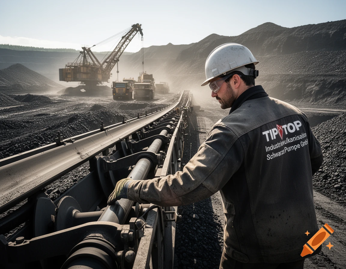 A worker in a hard hat and safety glasses inspecting a conveyor belt in a dusty open-pit coal mine under a sunny sky.