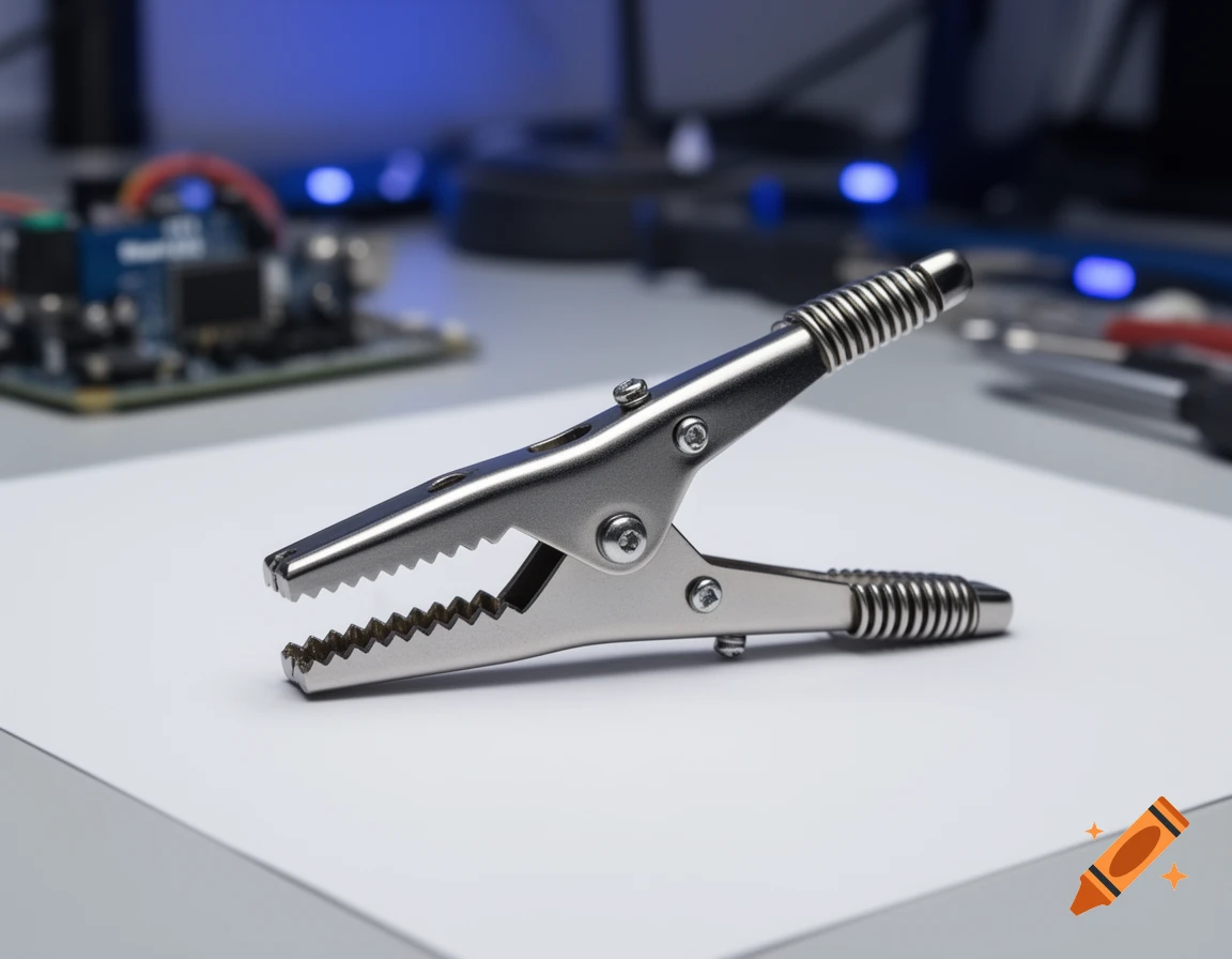 A silver alligator clip rests on a white paper, with blurred electronic components and tools in the background.