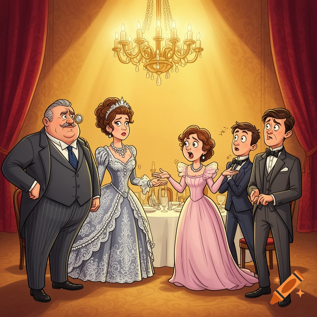 A cartoon drawing of five characters from 'An Inspector Calls' in formal attire, looking surprised in a fancy dining room.