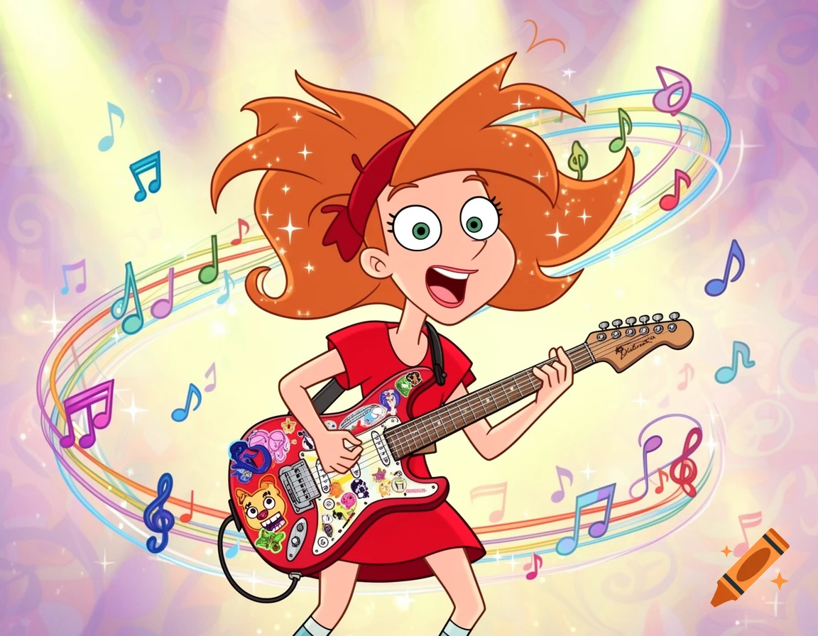 Candace from Phineas and Ferb enthusiastically plays a red electric guitar amidst floating musical notes in a cartoon style.