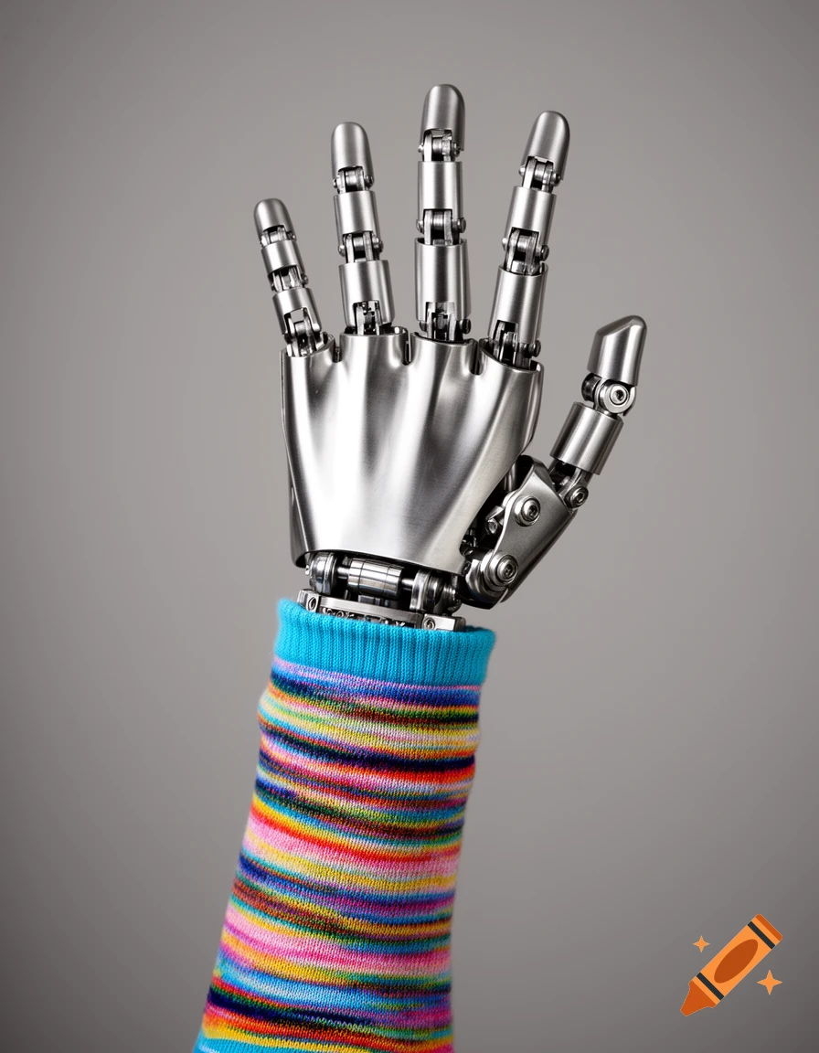 A photorealistic close-up of a silver robotic hand with a bright, multi-colored striped sock covering its forearm against a gray background.