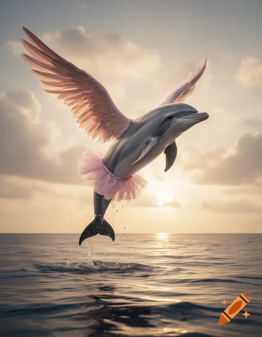 A photorealistic dolphin with pink wings and a pink tutu leaps out of the ocean against a sunset sky.