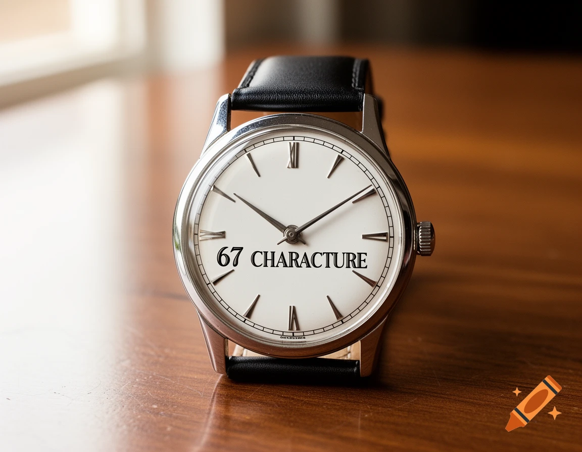 A close-up, photorealistic shot of a silver watch with a white face, black hands, and a black leather strap, displaying '67 CHARACTURE' on its face, resting on a wooden surface.