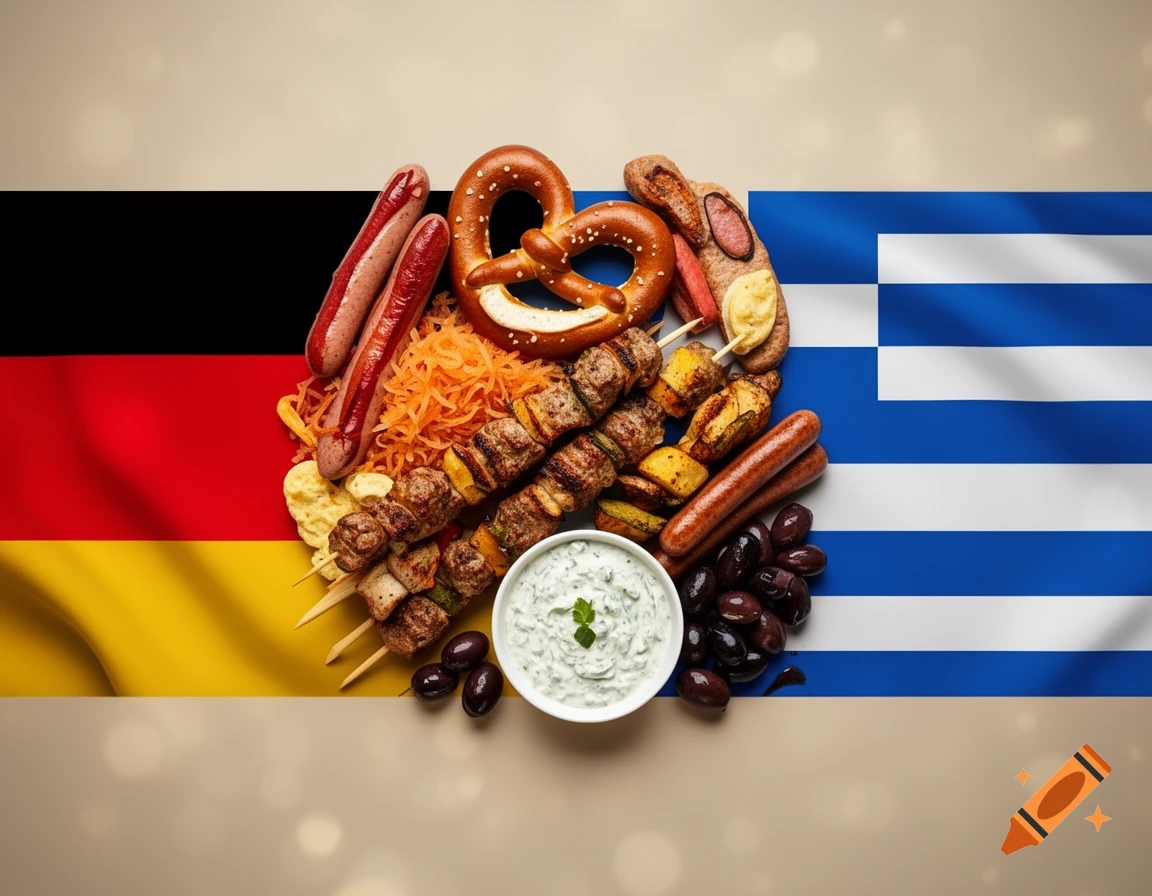 German and Greek food like pretzels, sausages, kebabs, and tzatziki arranged on a background of the German and Greek flags.