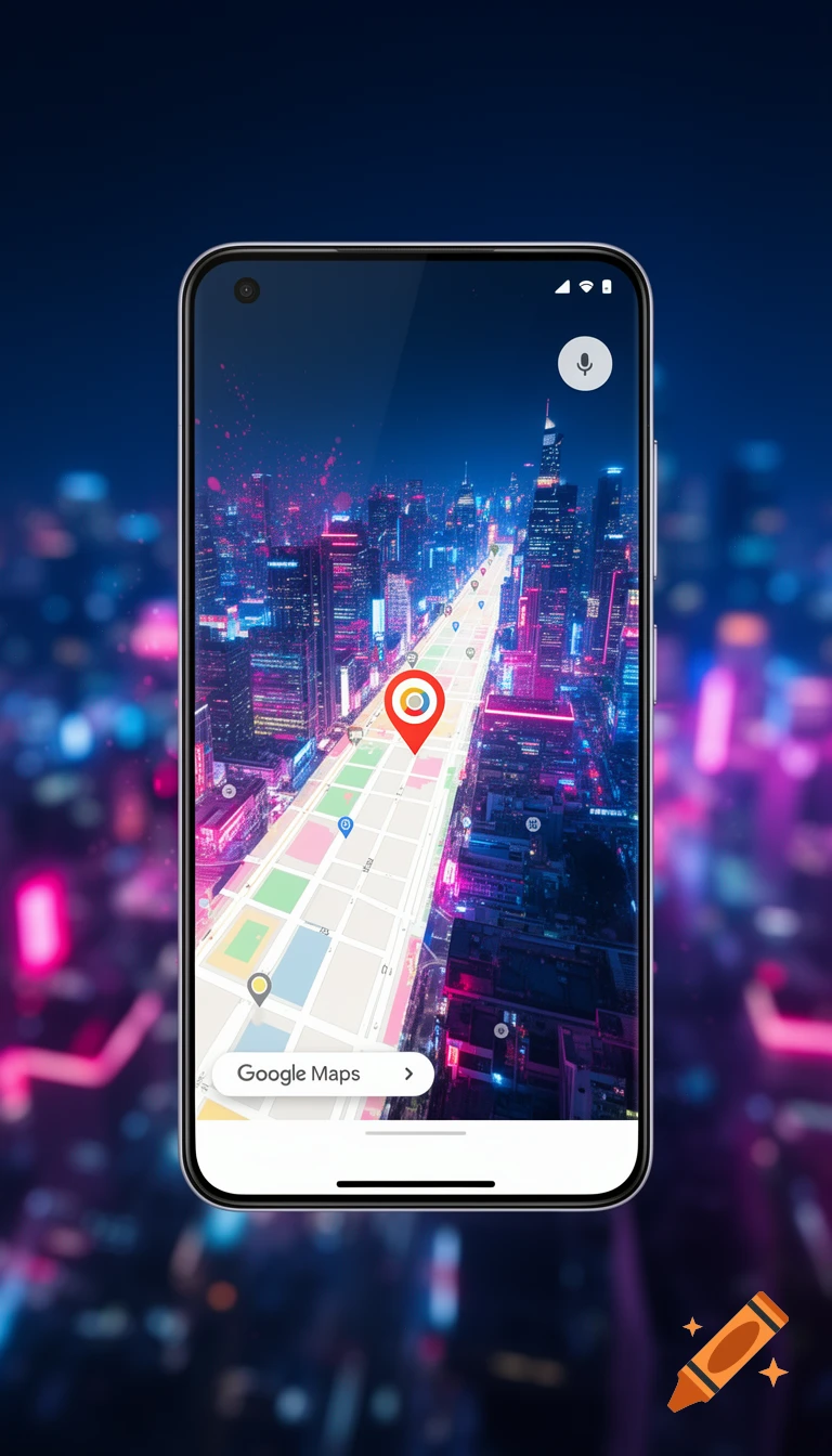 A smartphone displays Google Maps with a location pin over a neon-lit futuristic cityscape at night.