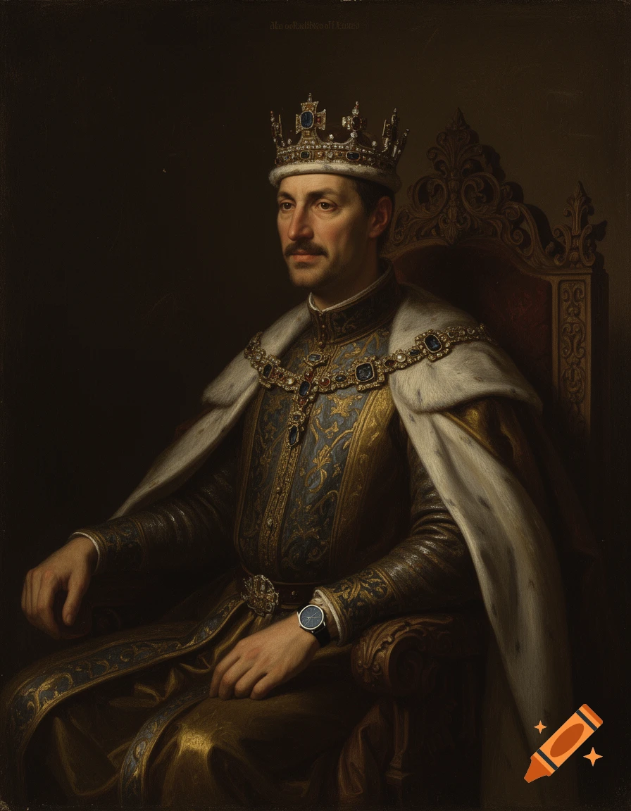 Oil painting of a crowned medieval duke in regal attire, sitting on a throne, with a modern wristwatch on his wrist.
