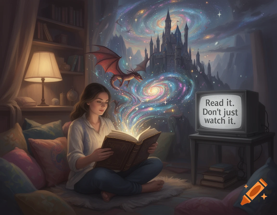 A woman reads a glowing book on a rug surrounded by pillows, as fantasy elements like dragons, a castle, and galaxies emerge. A retro TV says "Read it. Don't just watch it."