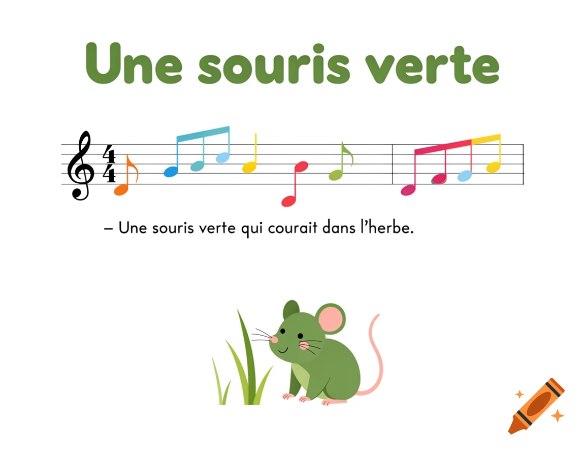 Educational sheet with a green mouse illustration, musical notes, and French lyrics for 'Une souris verte'.