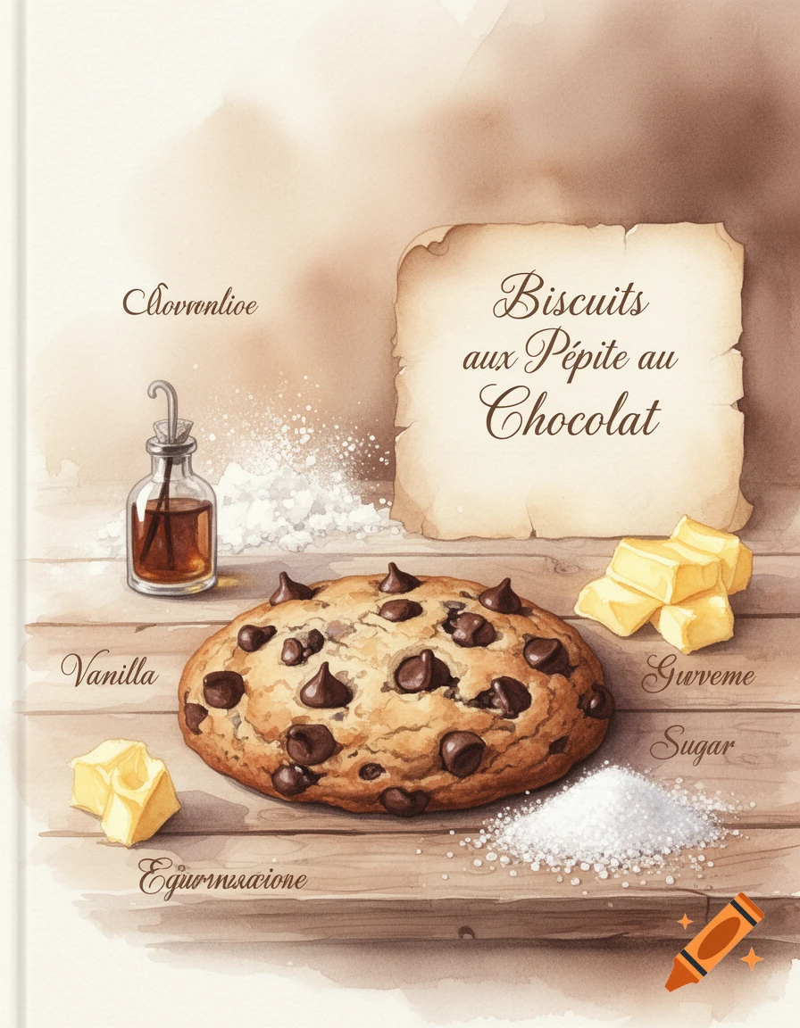 A watercolor illustration of a chocolate chip cookie surrounded by ingredients like vanilla, sugar, and butter on a wooden surface, with a recipe title on a scroll.