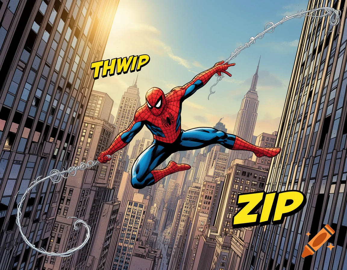 Spider-Man swings between skyscrapers in a colorful comic book style, with 'THWIP' and 'ZIP' sound effects.