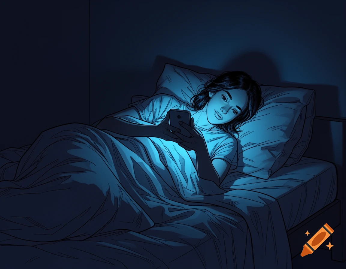 A woman in comic book style lies in bed in the dark, illuminated by her smartphone's blue light.