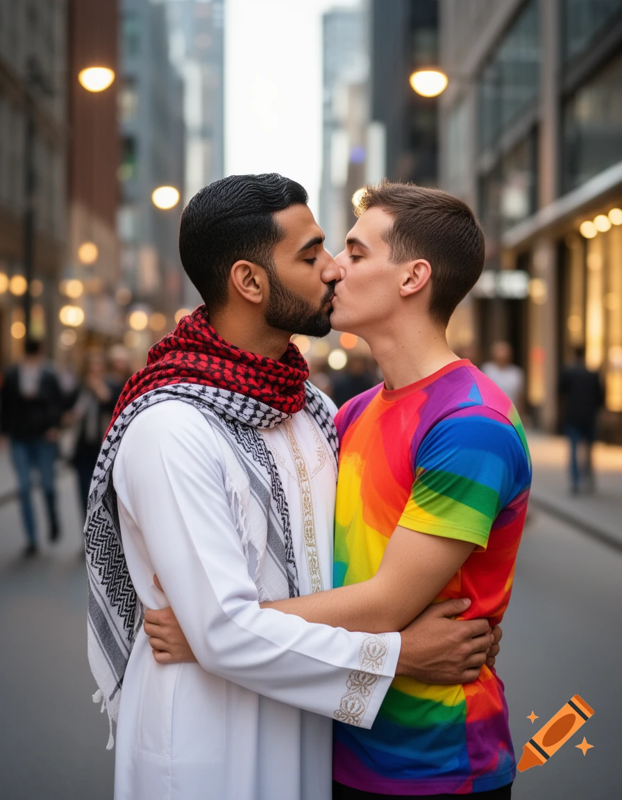 Two men, one in traditional Middle Eastern attire, the other in a rainbow shirt, kiss on a city street.