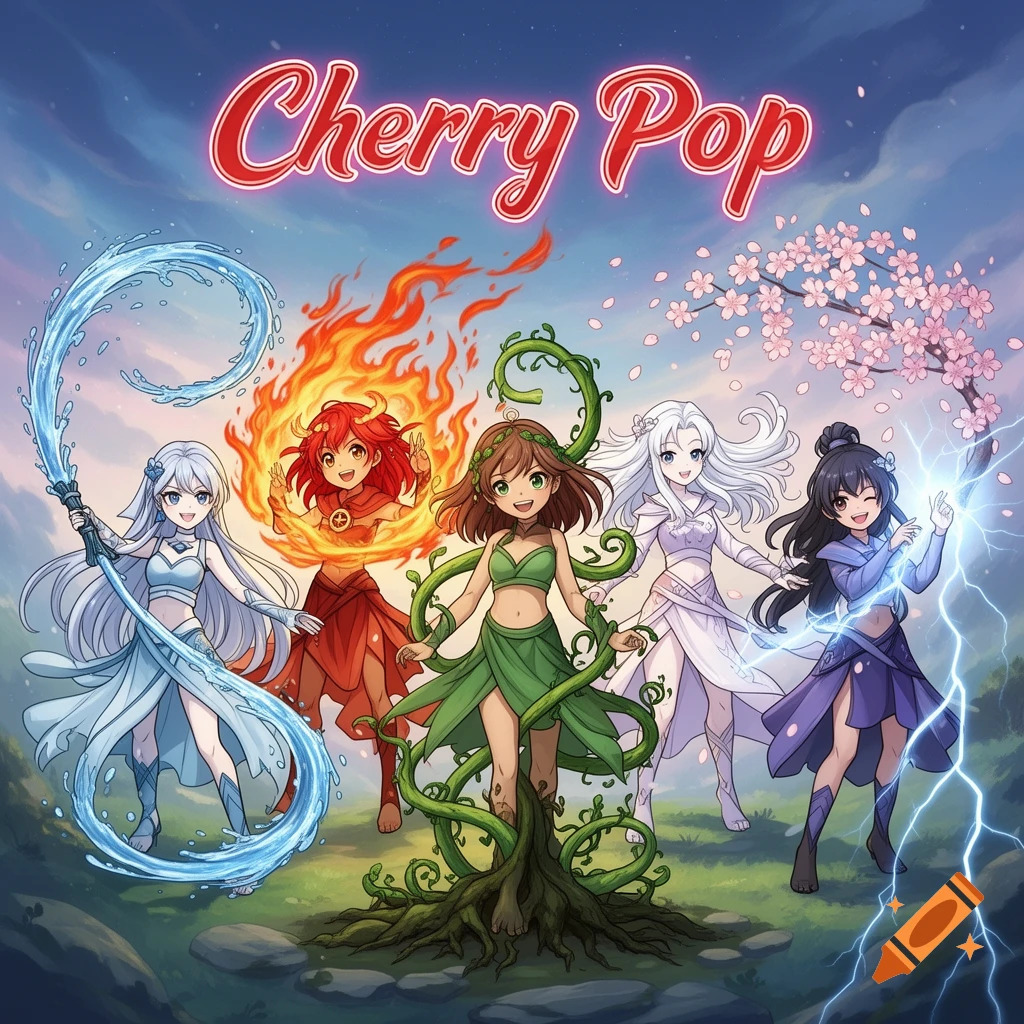 Five anime-style girls, representing water, fire, earth, air, and lightning, stand beneath the text "Cherry Pop" in an album cover style.