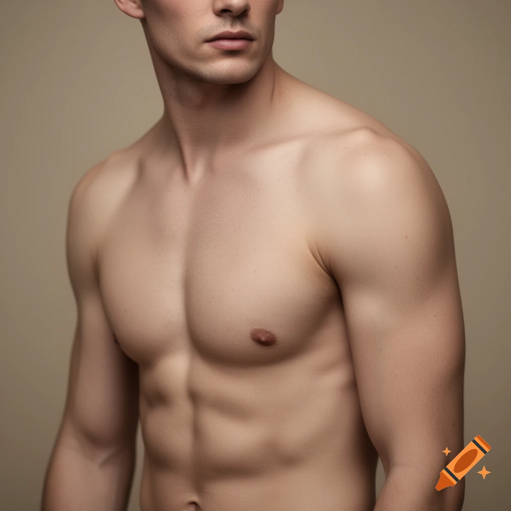 Close-up, chest-up shot of a muscular man with a bare torso looking to the side against a neutral background.