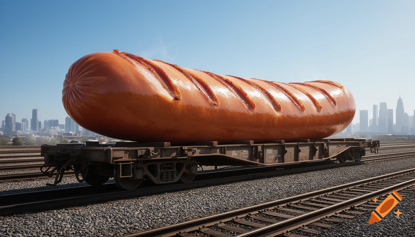 A massive grilled hotdog sausage sits on a railway flatcar, with a city skyline in the background under a clear sky. Photorealistic.