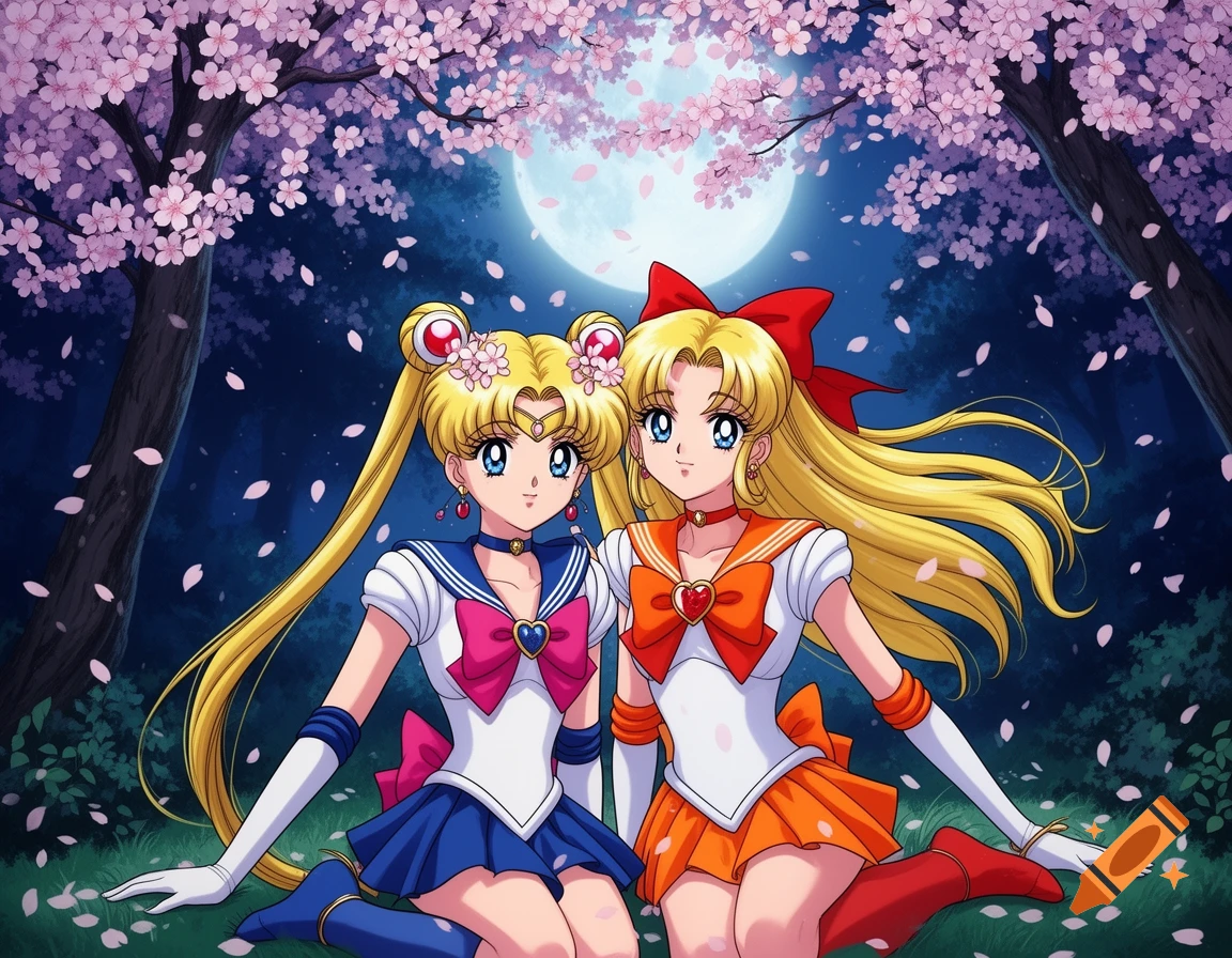 Sailor Moon and Sailor Venus sit under a cherry blossom tree at night, under a full moon, in anime style.