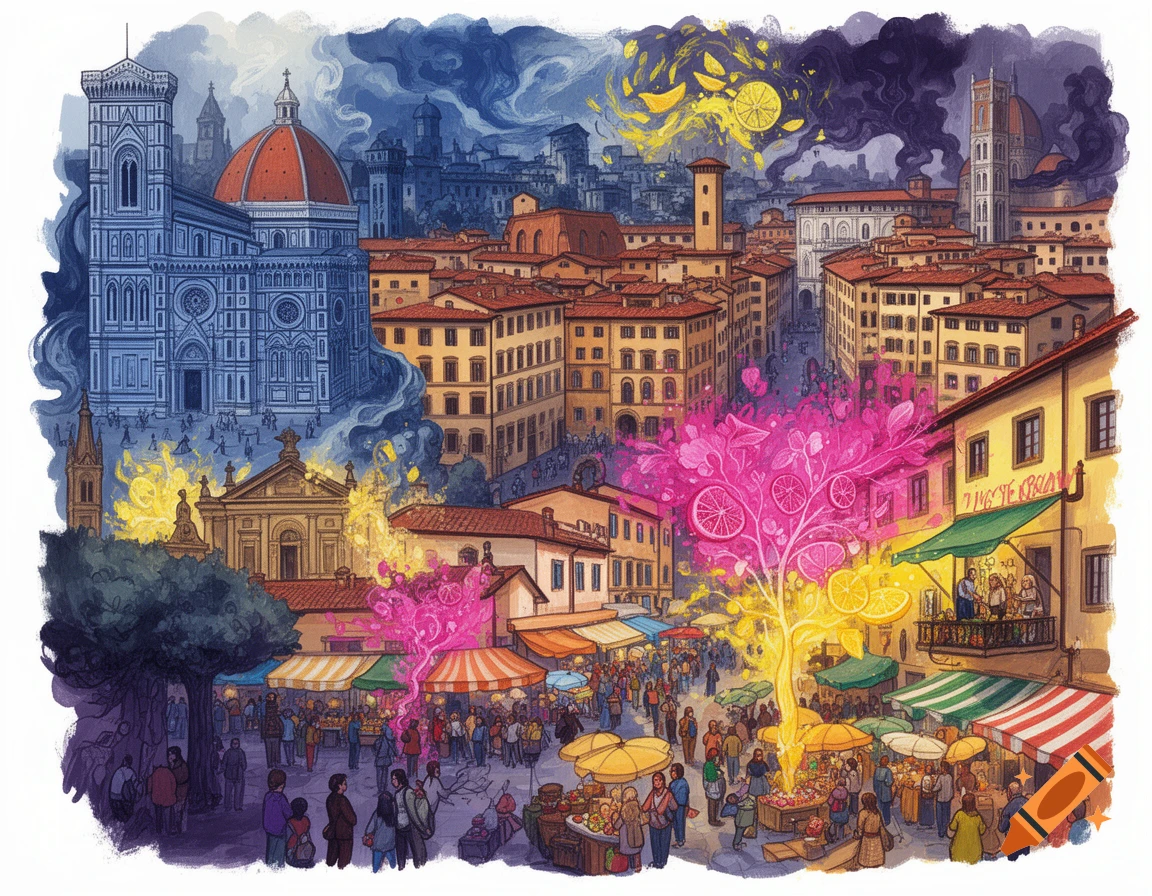A colorful, stylized illustration of Florence with iconic buildings in blue, a vibrant market scene with people and stalls, and abstract pink and yellow glowing elements suggesting a magical atmosphere.