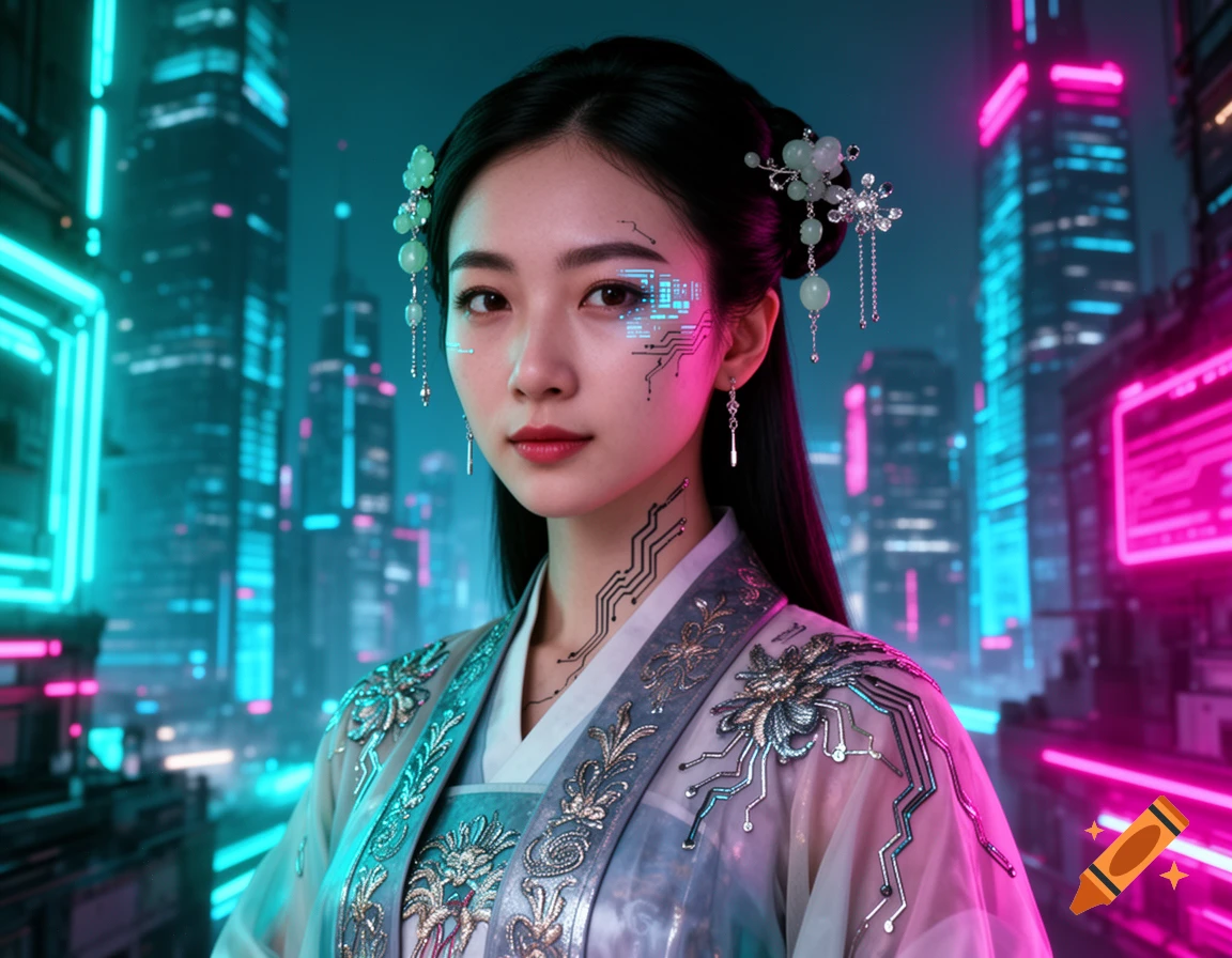 A woman in a traditional Chinese outfit with cyberpunk circuit patterns and digital readouts on her face, in a neon-lit city.