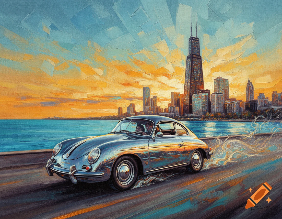 An abstract painting of a silver Porsche 356 driving along a lakefront road, with the Chicago skyline and a vibrant sunset.