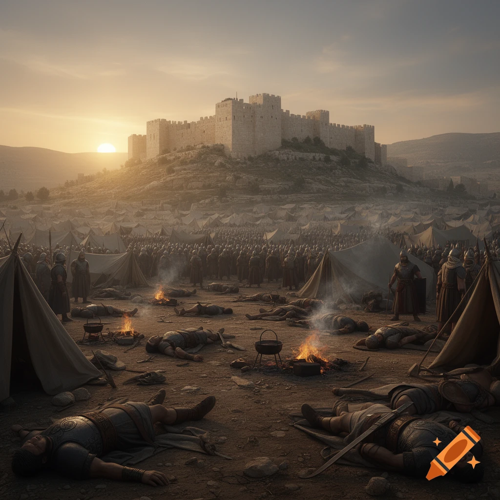 A vast ancient Assyrian army camp with numerous dead soldiers at sunrise, set before the walled city of Jerusalem on a hill.