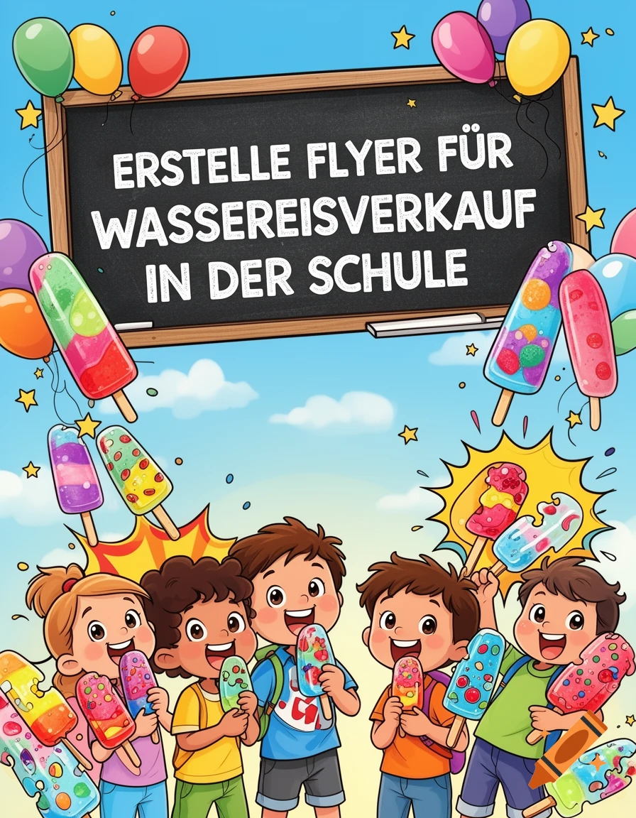 Happy cartoon children eating colorful popsicles under a blackboard with text and balloons in a bright outdoor setting.