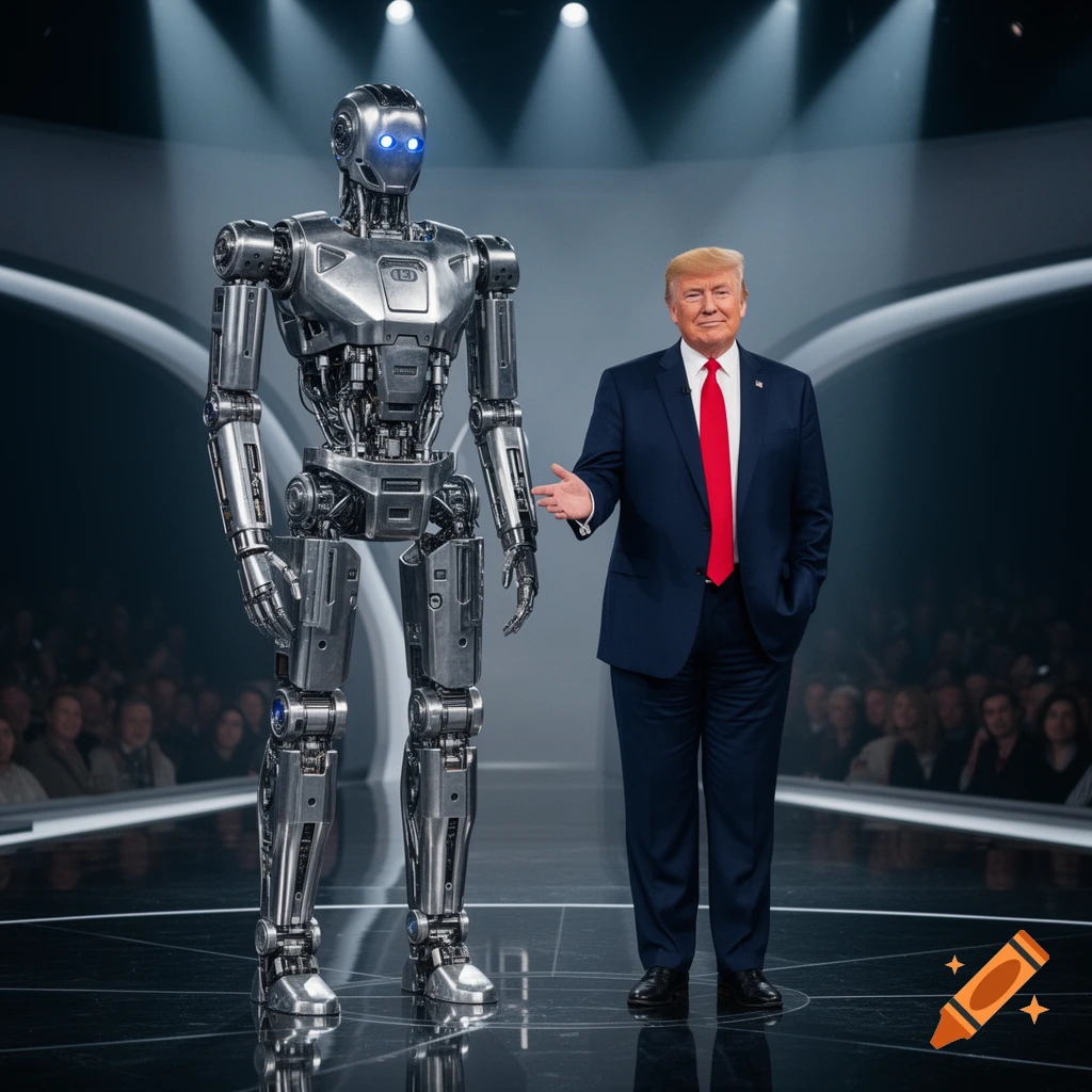 Photorealistic image of Donald Trump standing next to a metallic robot on a stage, gesturing towards it.