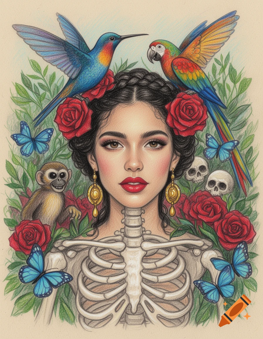 A pastel drawing of a woman with a skeleton ribcage, surrounded by roses, hummingbirds, a parrot, butterflies, a monkey, and skulls.