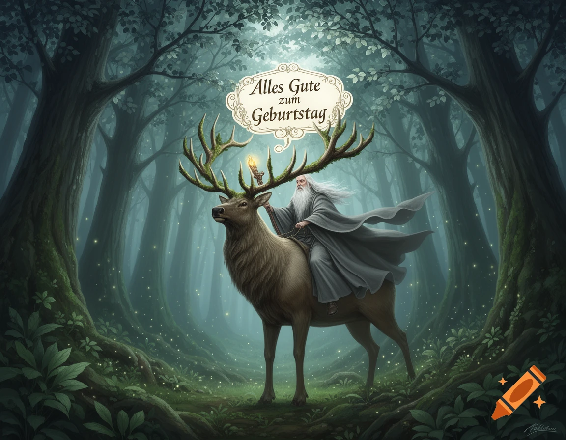 A Gandalf-like wizard rides a mossy-antlered elk with a candle in a magical, glowing forest, displaying 'Alles Gute zum Geburtstag'.