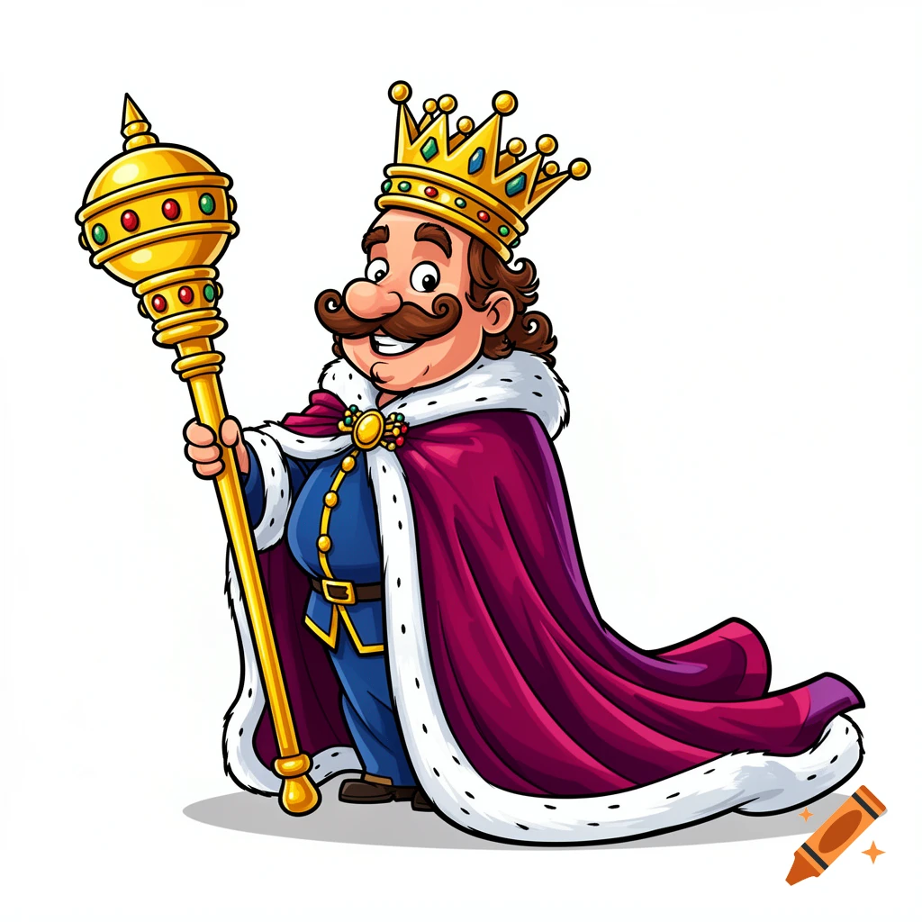 A humorous cartoon king with an oversized golden crown, thick mustache, and a royal purple cape, holding a giant golden scepter.