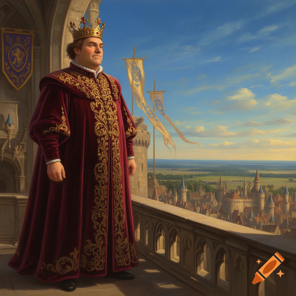 A king in a red and gold robe and crown stands on a castle balcony overlooking a medieval kingdom.