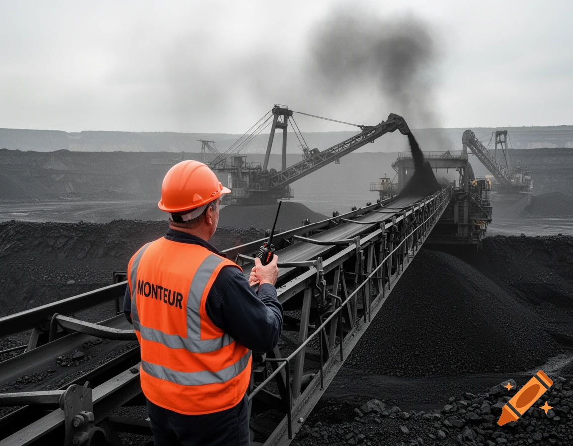 A worker in an orange vest and hard hat views large conveyor belts moving coal at an open-pit mine.