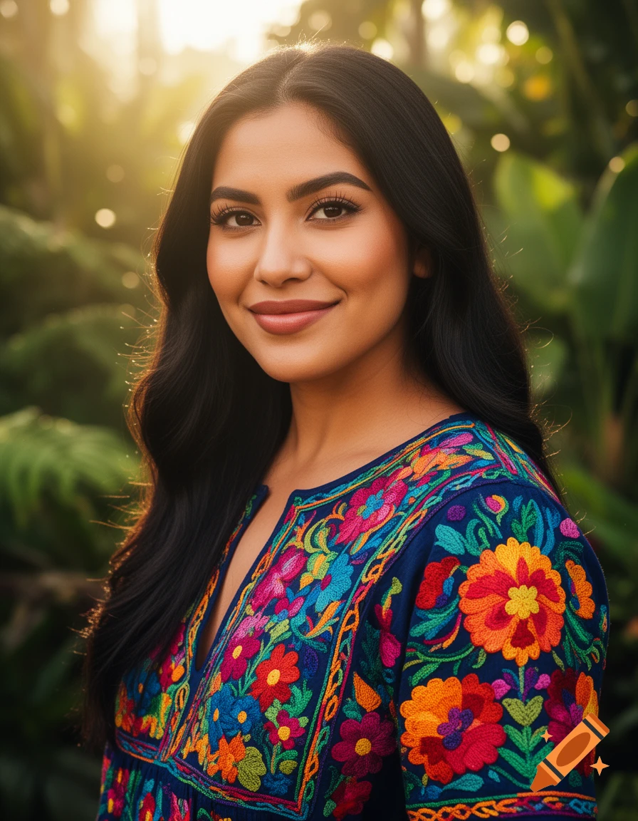 Beautiful young woman with dark hair wearing a richly embroidered traditional dress, smiling in a sunny outdoor setting.