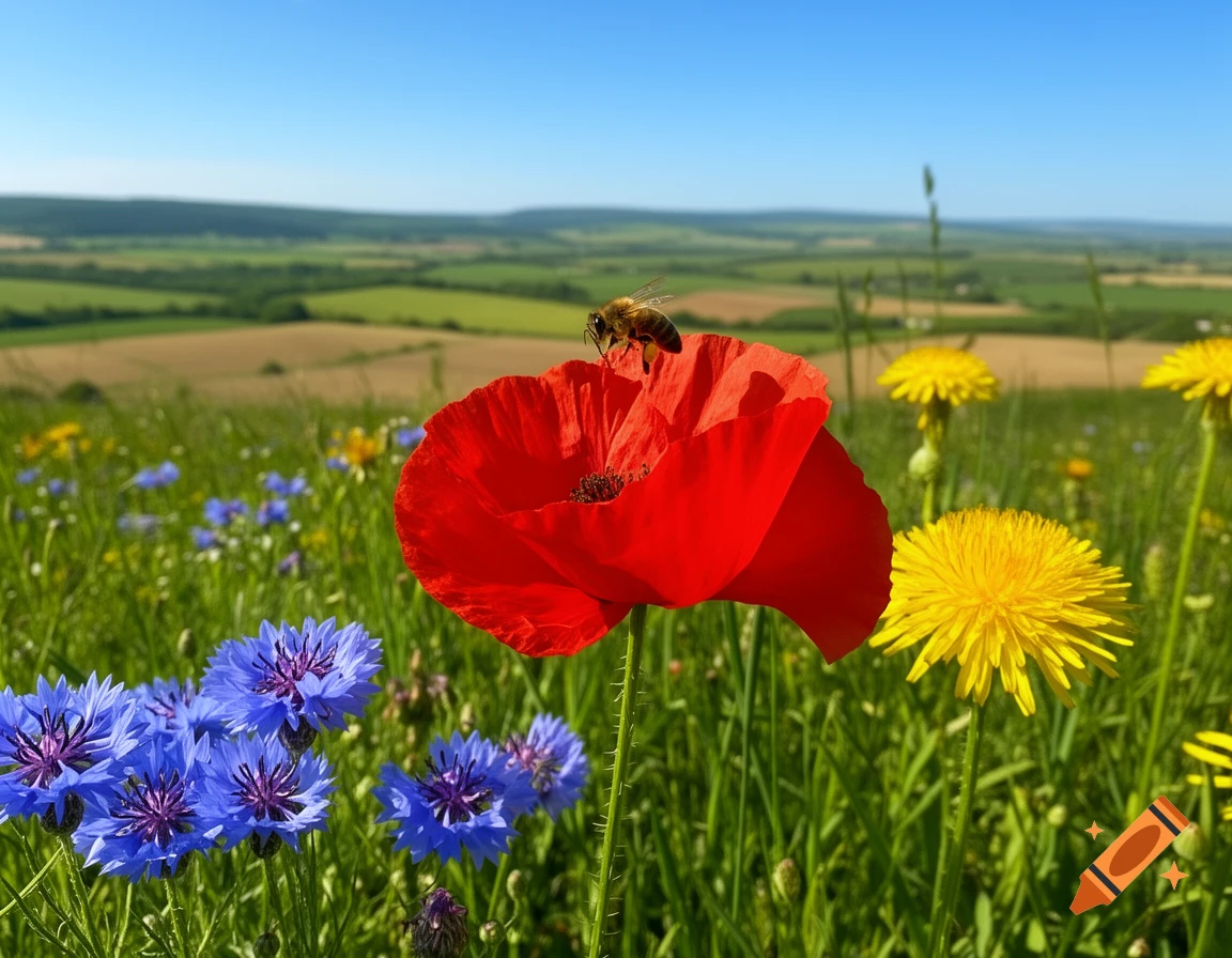 A bee on a red poppy in a field of blue cornflowers and yellow dandelions under a clear blue sky.