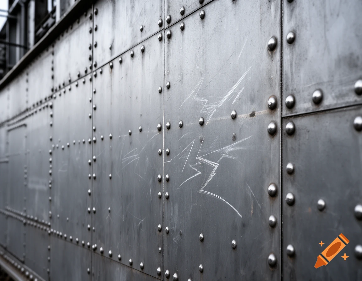 A close-up view of a grey industrial metal wall adorned with numerous rivets and surface scratches.