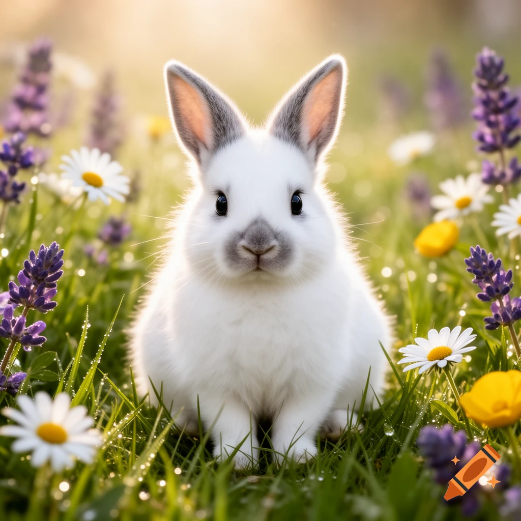 A fluffy white rabbit with gray ears sits in a dewy green field among purple lavender and white daisies, bathed in golden light.
