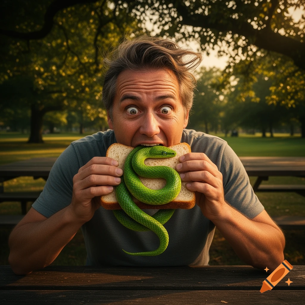 A man with wide eyes looks shocked while biting into a sandwich that contains a coiled green snake instead of traditional filling, in a park setting.