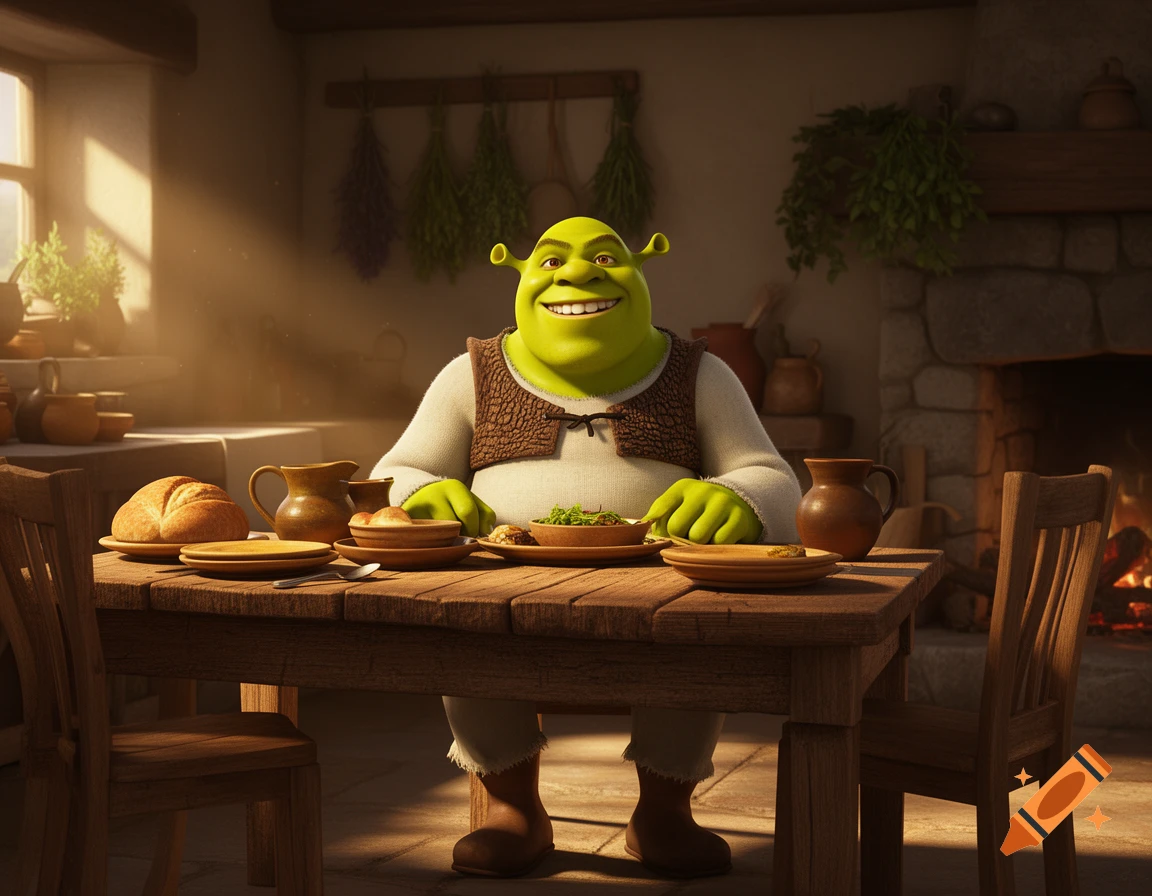 Smiling Shrek dines at a rustic wooden table in a sunlit kitchen with a fireplace, photorealistic style.
