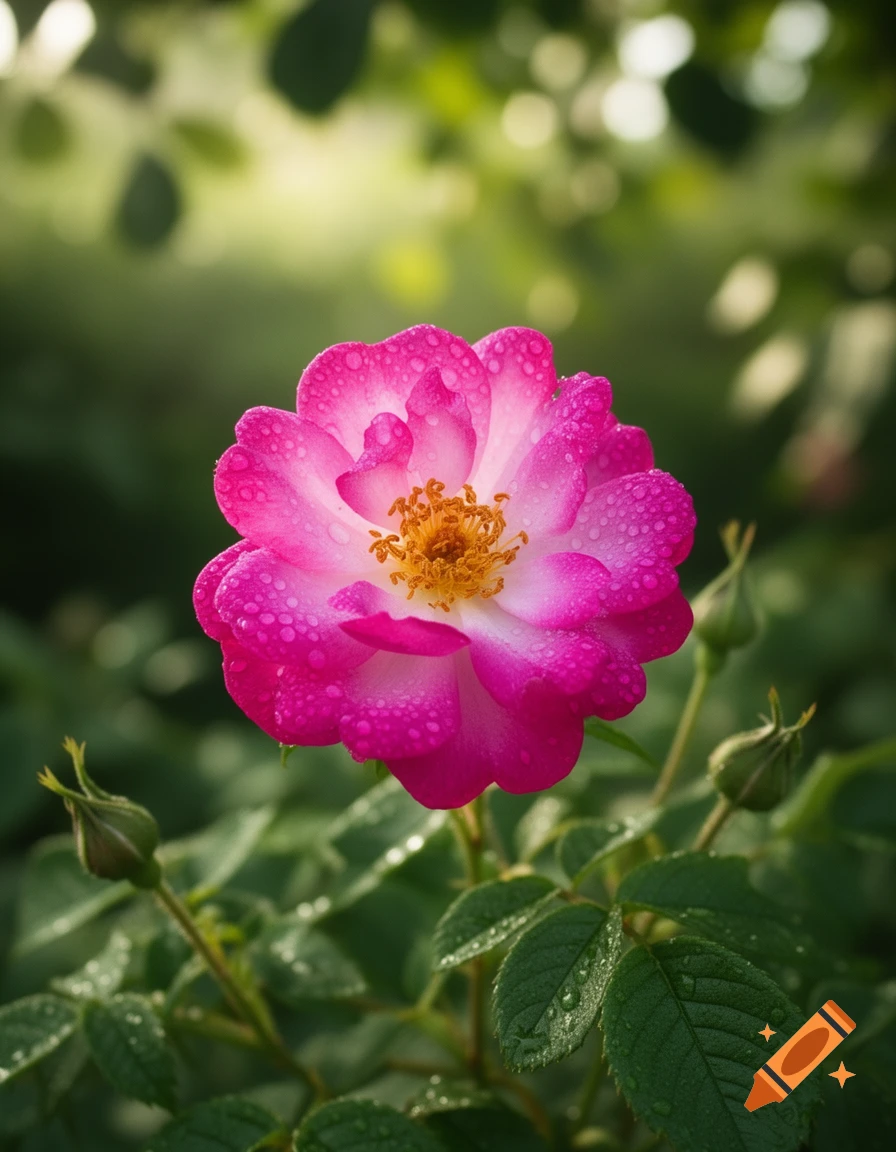 Close-up photorealistic image of a vibrant pink rose with water droplets, surrounded by green leaves and buds.