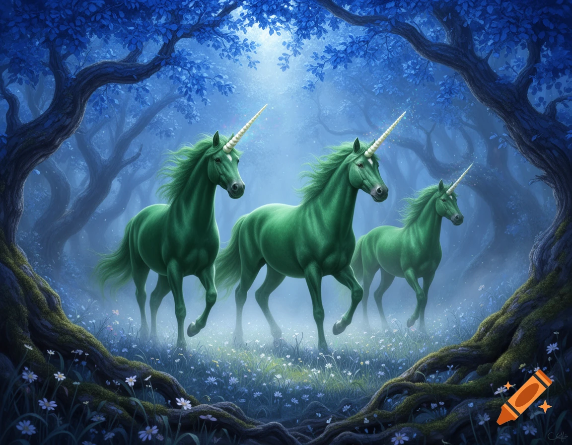 Three vibrant green unicorns walk through a mystical blue forest with glowing trees and white flowers.