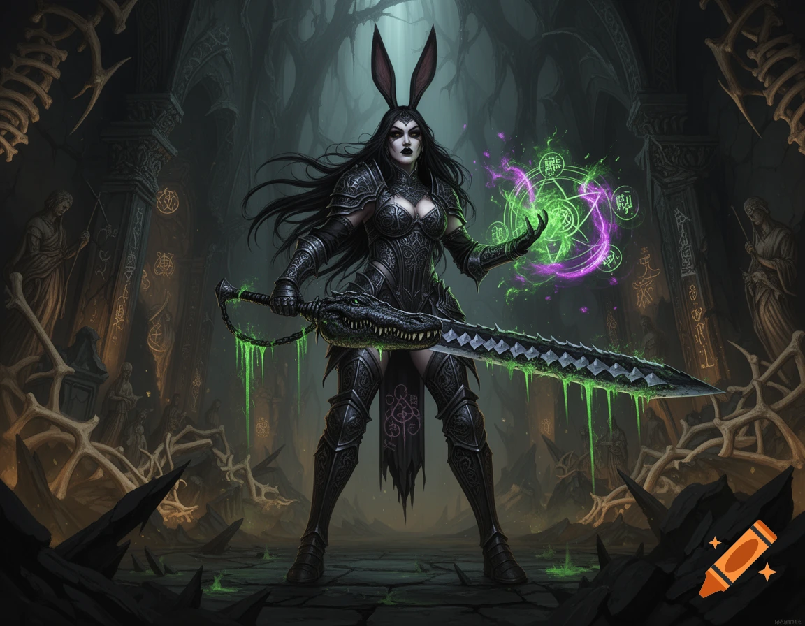 A dark fantasy warrior with bunny ears and black armor stands in a crypt, wielding a demonic sword and casting green and purple magic.