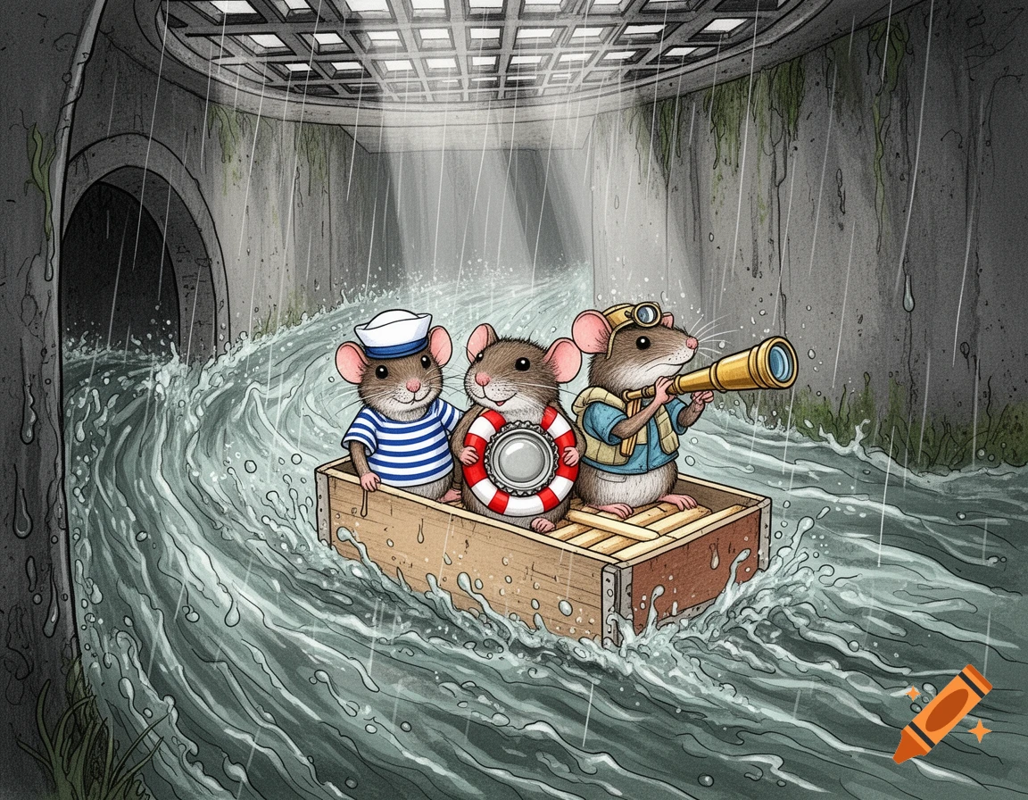 Three cartoon mice in a wooden boat navigate a rushing sewer, one holding a telescope, in an illustrated style.