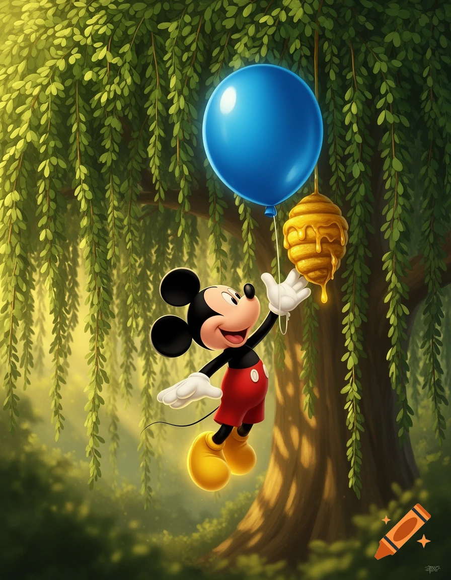 Mickey Mouse floats upward, holding a blue balloon and reaching for a honey-dripping beehive amidst a lush green willow tree.