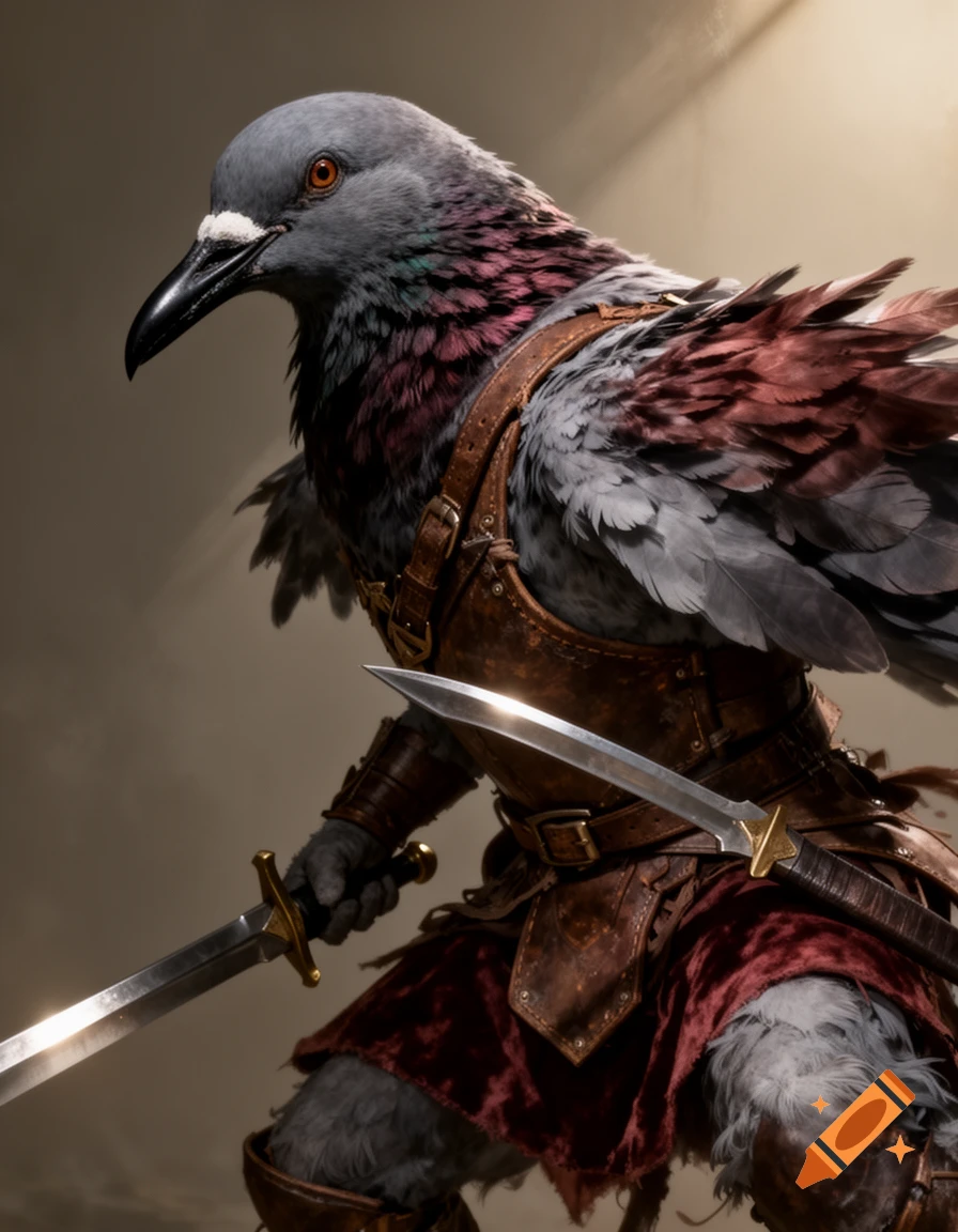 A close-up, 3/4 profile portrait of a humanoid pigeon warrior (Kenku fighter) in worn leather armor, holding two swords, in a fantasy art style with dramatic lighting.