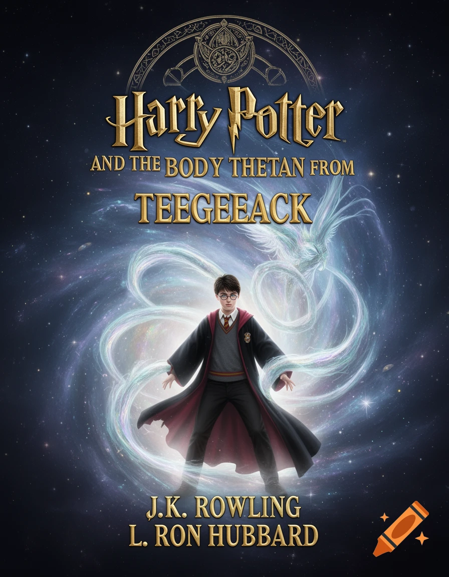 A book cover featuring Harry Potter in robes, standing against a swirling cosmic background with stars. Text on the cover reads "Harry Potter and the Body Thetan from Teegeeack" by J.K. Rowling and L. Ron Hubbard.