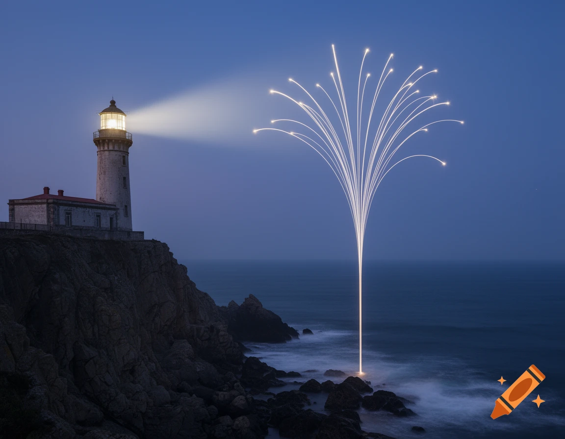 A lighthouse on a dark, rocky cliff overlooking the ocean at dusk, with a glowing light rising from the water and fanning into the sky.