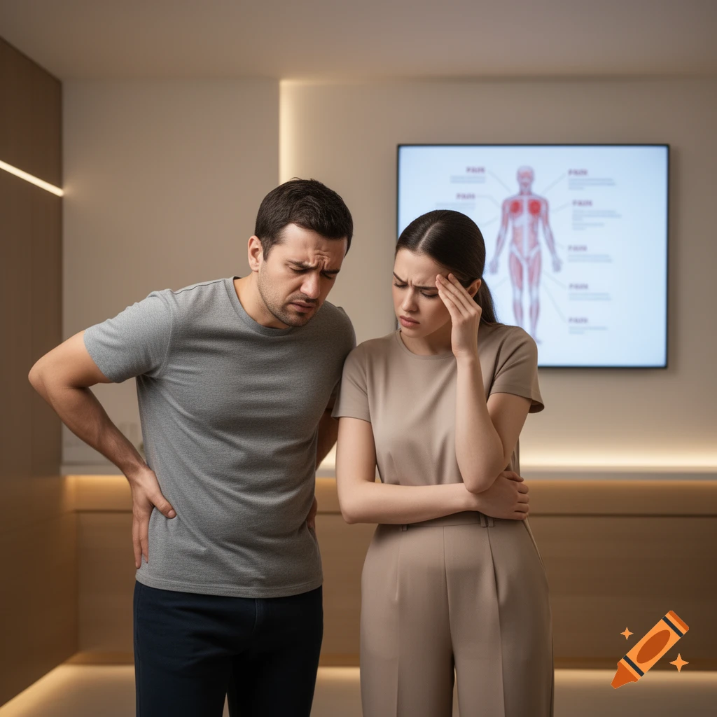 Man holding his lower back and woman holding her forehead, both appearing to be in pain, in a modern clinic with an anatomical chart on a screen.