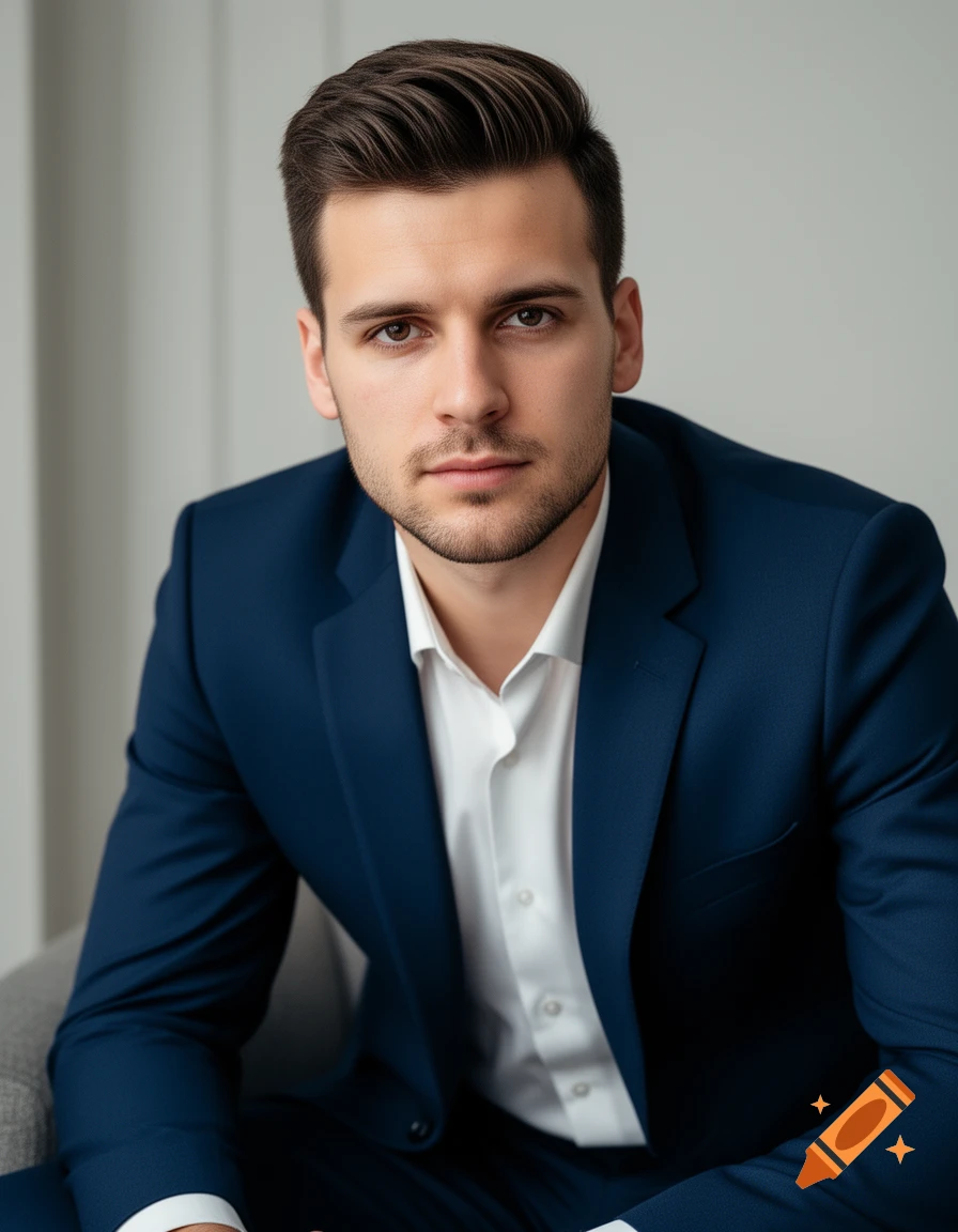 Photorealistic portrait of a young man with dark hair and stubble, wearing a dark blue suit and white shirt, looking at the camera.