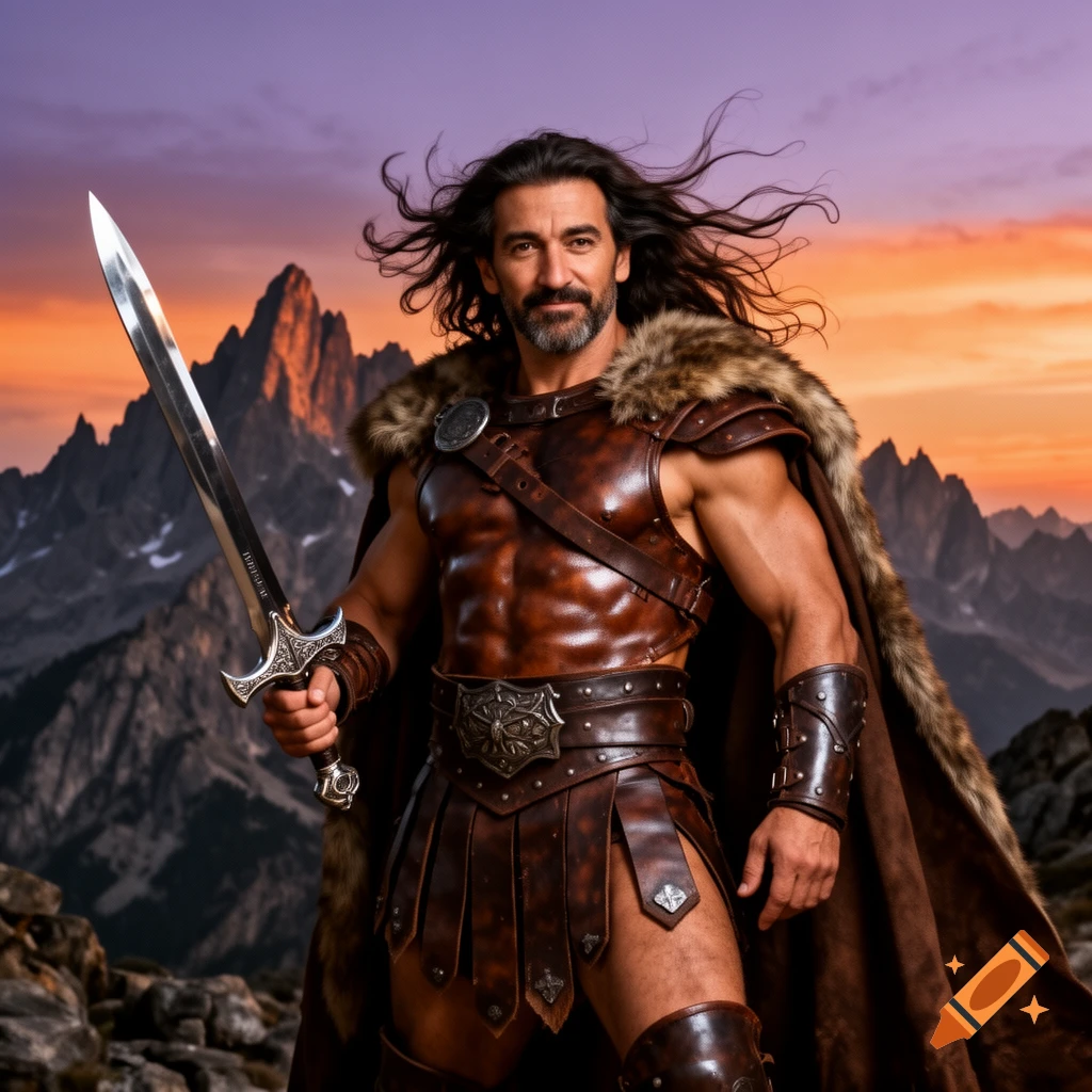 A photorealistic image of a muscular man dressed as a barbarian, holding a sword, against a mountain sunset.
