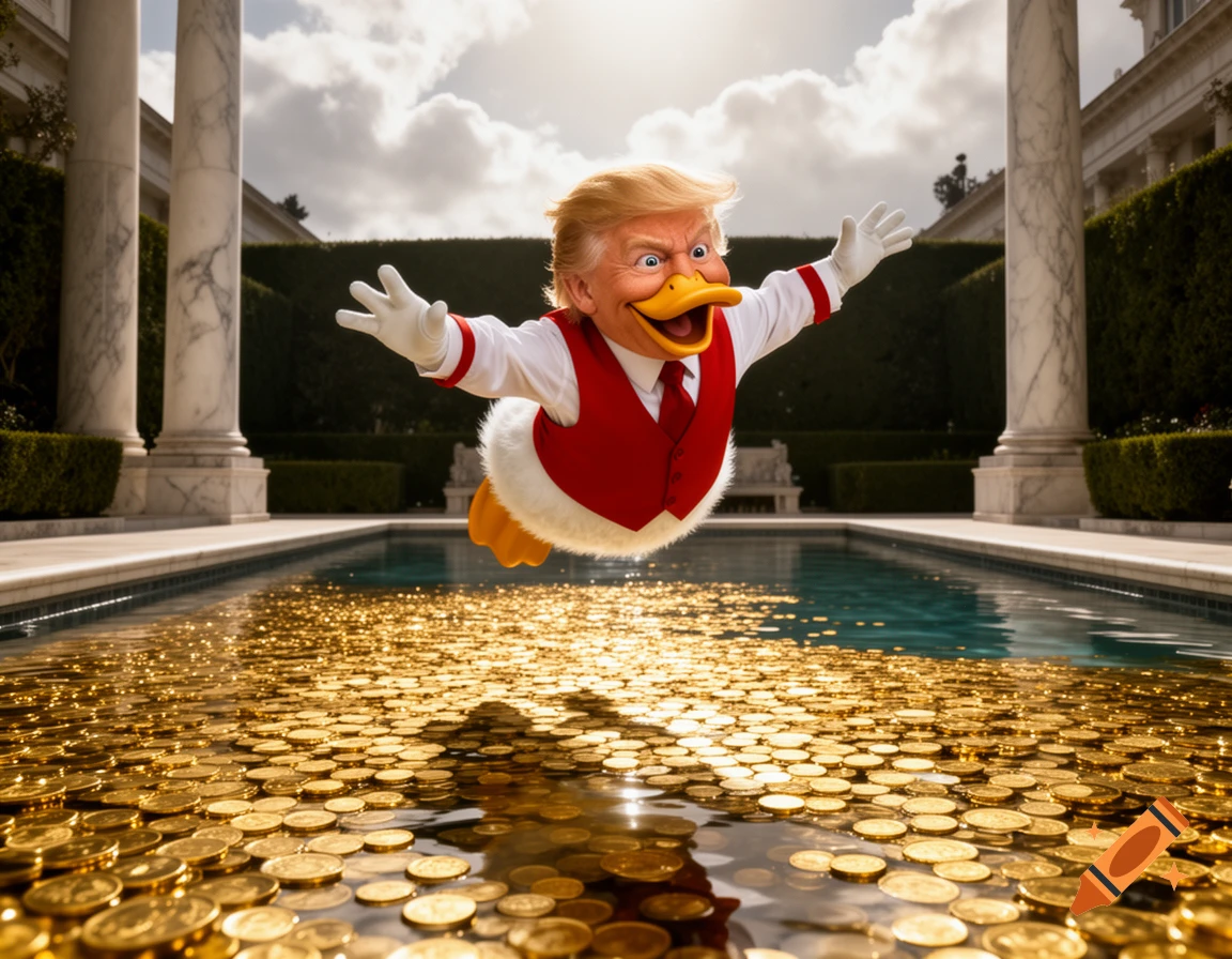 Donald Trump's head on a white duck's body, in a red vest, flying over a swimming pool filled with gold coins.