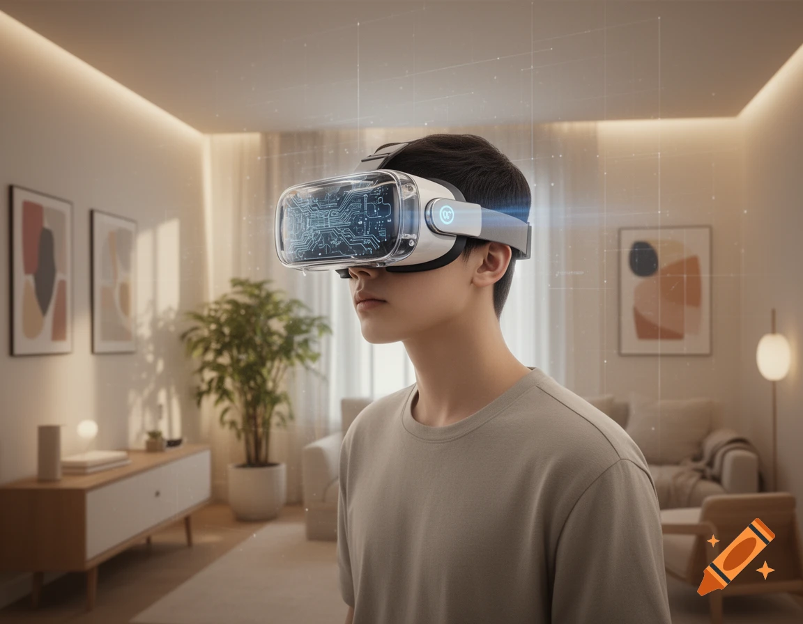 A young person wears a futuristic VR headset with visible internal circuits, standing in a bright, modern living room.